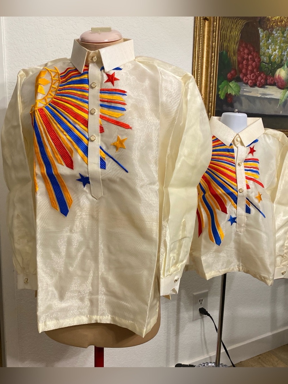 Cream Kids Button-Down Shirt with Multicolor Embroidered Starburst